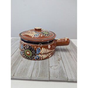 Vintage Mexican Tlaquepaque Hand Painted Handled Pot Red Clay Pottery Rustic